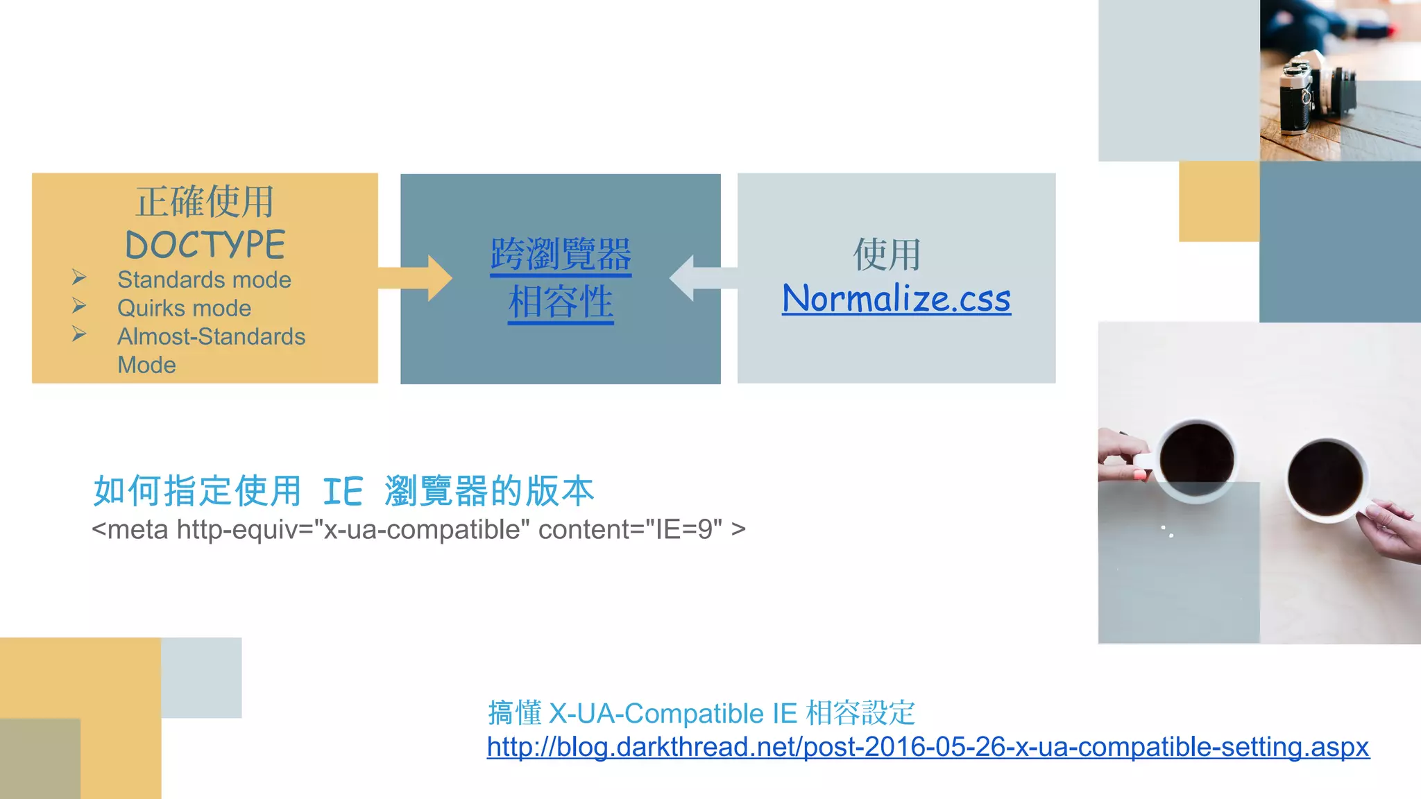 跨瀏覽器
相容性
正確使用 DOCTYPE
➢ Standards mode
➢ Quirks mode
➢ Almost-Standards
Mode
使用
Normalize.css
如何指定使用 IE 瀏覽器的版本
<meta http-equiv="x-ua-compatible" content="IE=9" >
搞懂X-UA-Compatible IE相容設定 http://blog.darkthread.net/post-2016-
05-26-x-ua-compatible-setting.aspx
 