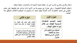 ‫ديك‬‫وكاري‬‫وكاري‬‫أشاروا‬‫إلى‬‫أن‬‫عملية‬‫تحديد‬‫المهارات‬‫والمعارف‬‫عملية‬‫معقدة‬.
‫تحليل‬‫العملية‬‫التعليمية‬:‫وهي‬‫عبارة‬‫عن‬‫مجموعة‬‫من‬‫اإلجراءات‬‫تساعد‬‫عند‬‫تطبيقها‬‫ع‬‫لى‬‫هدف‬
‫تعليمي‬‫في‬‫تحديد‬‫الخطوات‬‫ذات‬‫الصلة‬‫بتنفيذ‬‫هدف‬‫ما‬‫والمهارات‬‫المطلوبة‬‫للطالب‬‫ل‬‫تحقيق‬‫هذا‬
‫الهدف‬.
‫األول‬ ‫الجزء‬
‫تحديد‬‫المصمم‬‫للمكونات‬
‫الرئيسية‬‫للهدف‬‫من‬‫خالل‬
‫إجراء‬‫تحليل‬‫الهدف‬.
-‫الذ‬ ‫التعليم‬ ‫نوع‬ ‫تصنيف‬‫ي‬
‫تطبيقه‬ ‫يتم‬ ‫سوف‬.
-‫المرئي‬ ‫العرض‬(‫مخطط‬
‫بياني‬. )
‫الجزء‬‫الثاني‬
‫فيشمل‬‫كيف‬‫يمكن‬‫لكل‬‫خطوة‬‫من‬
‫خطوات‬‫الهدف‬‫أن‬‫تحلل‬‫جيدا‬‫لتحديد‬
‫المهارات‬.
‫المهارات‬ ‫من‬ ‫مناسبة‬ ‫مجموعة‬ ‫تحديد‬
‫أل‬ ‫المتعلم‬ ‫سيحتاجها‬ ‫التي‬ ‫الفرعية‬‫داء‬
‫تحق‬ ‫على‬ ‫تساعده‬ ‫بحيث‬ ‫معينة‬ ‫خطوة‬‫يق‬
‫التعليمي‬ ‫الهدف‬
 