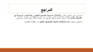 ‫المراجع‬
‫براون‬‫آبي‬ ،.‫تيموثي‬‫قرين‬ ،(2016)‫الرئيسي‬ ‫المبادئ‬ ‫ربط‬ ‫التعليمي‬ ‫التصميم‬ ‫أساسيات‬‫مع‬ ‫ة‬
‫والممارسة‬ ‫الطريقة‬‫الري‬ ،‫للنشر‬ ‫سعود‬ ‫الملك‬ ‫جامعة‬ ‫دار‬ ،‫التركي‬ ‫تركي‬ ‫عثمان‬ ‫ترجمة‬ ،‫اض‬.
‫خميس‬،‫محمد‬‫عطية‬(2003)‫عمليات‬‫تكنولوجيا‬‫التعليم‬،‫دار‬،‫الكلمة‬‫القاهرة‬.
 