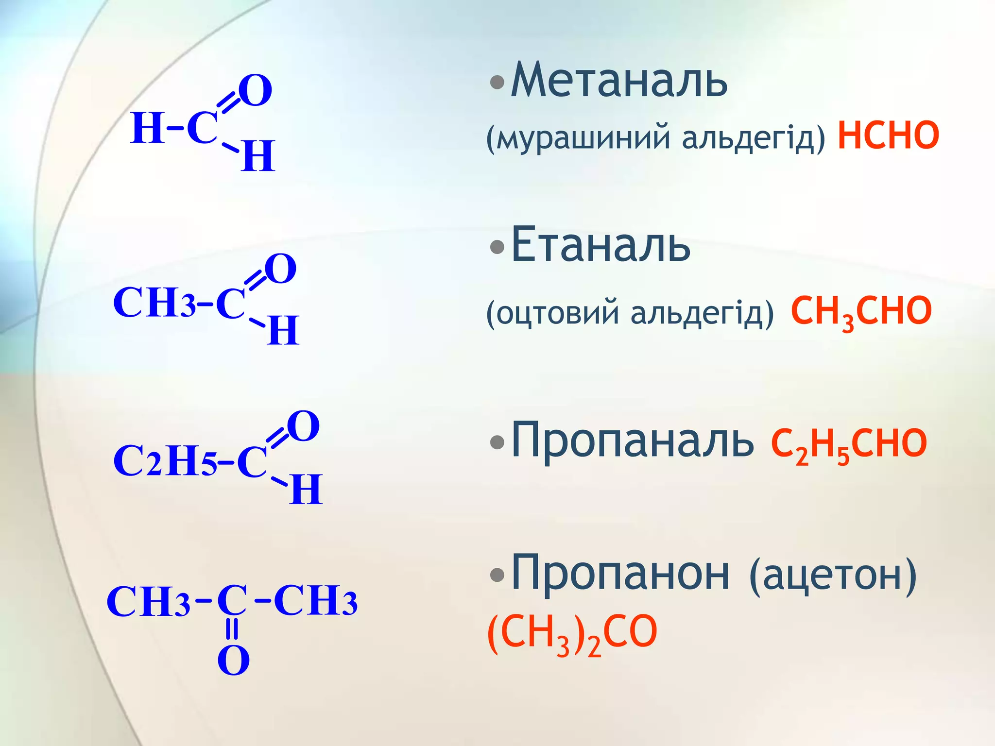 •Метаналь
(мурашиний альдегід) НСНО
•Етаналь
(оцтовий альдегід) СН3СНО
•Пропаналь С2Н5СНО
•Пропанон (ацетон)
(СН3)2СО
 