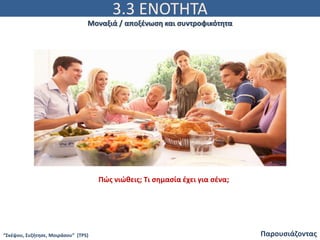 3.3 ΕΝΟΤΗΤΑ
Παρουσιάζοντας
Μοναξιά / αποξένωση και συντροφικότητα
“Σκέψου, Συζήτησε, Μοιράσου” (ΤPS)
Πώς νιώθεις; Τι σημασία έχει για σένα;
 
