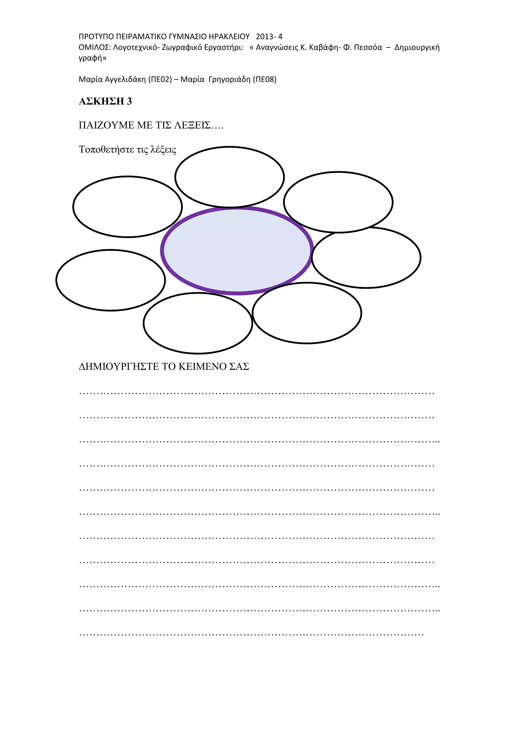 ΠΡΟΤΥΠΟ ΠΕΙΡΑΜΑΤΙΚΟ ΓΥΜΝΑΣΙΟ ΗΡΑΚΛΕΙΟΥ 2013- 4
ΟΜΙΛΟΣ: Λογοτεχνικό- Ζωγραφικό Εργαστήρι: « Αναγνώσεις Κ. Καβάφη- Φ. Πεσσόα – Δημιουργική
γραφή»
Μαρία Αγγελιδάκη (ΠΕ02) – Μαρία Γρηγοριάδη (ΠΕ08)
ΑΣΚΗΣΗ 3
ΠΑΙΖΟΥΜΕ ΜΕ ΤΙΣ ΛΕΞΕΙΣ….
Τοποθετήστε τις λέξεις
ΔΗΜΙΟΥΡΓHΣΤΕ ΤΟ ΚΕΙΜΕΝΟ ΣΑΣ
…………………………………………………………………………………………
…………………………………………………………………………………………
…………………………………………………………………………………………..
…………………………………………………………………………………………
…………………………………………………………………………………………
…………………………………………………………………………………………..
…………………………………………………………………………………………
…………………………………………………………………………………………
…………………………………………………………………………………………..
…………………………………………………………………………………………..
………………………………………………………………………………………
 