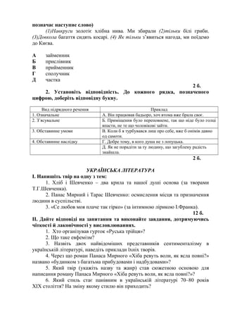 позначає наступне слово)
(1)Навкруги золотіє хлібна нива. Ми збирали (2)тільки білі гриби.
(3)Довкола багаття сидять косарі. (4) Як тільки з’явиться нагода, ми поїдемо
до Києва.
А займенник
Б прислівник
В прийменник
Г сполучник
Д частка
2 б.
2. Установіть відповідність. До кожного рядка, позначеного
цифрою, доберіть відповідну букву.
Вид підрядного речення Приклад
1. Означальне А. Він працював бадьоро, хоч втома вже брала своє.
2. З’ясувальне Б. Приміщення було переповнене, так що ніде було голці
впасти, не те що чоловікові зайти.
3. Обставинне умови В. Коли б я турбувався лиш про себе, вже б онімів давно
од самоти.
4. Обставинне наслідку Г. Добре тому, в кого душа не з лопуцька.
Д. Як не порадіти за ту людину, що загублену радість
знайшла.
2 б.
УКРАЇНСЬКА ЛІТЕРАТУРА
І. Напишіть твір на одну з тем:
1. Хліб і Шевченко – два крила та нашої душі основа (за творами
Т.Г.Шевченка).
2. Панас Мирний і Тарас Шевченко: осмислення місця та призначення
людини в суспільстві.
3. «Се любов моя плаче так гірко» (за інтимною лірикою І.Франка).
12 б.
ІІ. Дайте відповіді на запитання та виконайте завдання, дотримуючись
чіткості й лаконічності у висловлюваннях.
1. Хто організував гурток «Руська трійця»?
2. Що таке евфемізм?
3. Назвіть двох найвідоміших представників сентименталізму в
українській літературі, наведіть приклади їхніх творів.
4. Через що роман Панаса Мирного «Хіба ревуть воли, як ясла повні?»
названо «будинком з багатьма прибудовами і надбудовами»?
5. Який твір (укажіть назву та жанр) став сюжетною основою для
написання роману Панаса Мирного «Хіба ревуть воли, як ясла повні?»?
6. Який стиль стає панівним в українській літературі 70–80 років
ХІХ століття? На зміну якому стилю він приходить?
 