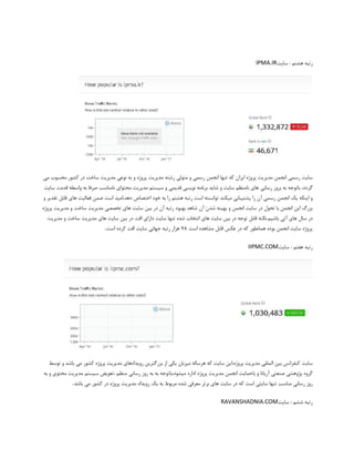 ‫سایت‬ : ‫هشتم‬ ‫رتبه‬IPMA.IR
‫سای‬‫ت‬‫مدیریت‬ ‫رشته‬ ‫متولی‬ ‫و‬ ‫رسمی‬ ‫انجمن‬ ‫تنها‬ ‫که‬ ‫ایران‬ ‫پروژه‬ ‫مدیریت‬ ‫انجمن‬ ‫رسمی‬‫می‬ ‫محسوب‬ ‫کشور‬ ‫در‬ ‫ساخت‬ ‫مدیریت‬ ‫نوعی‬ ‫به‬ ‫و‬ ‫پروژه‬
‫رسانی‬ ‫بروز‬ ‫به‬ ‫باتوجه‬ ،‫گردد‬‫نامناسب‬ ‫محتوای‬ ‫مدیریت‬ ‫سیستم‬ ‫و‬ ‫قدیمی‬ ‫نویسی‬ ‫برنامه‬ ‫شاید‬ ‫و‬ ‫سایت‬ ‫نامنظم‬ ‫های‬‫س‬ ‫قدمت‬ ‫واسطه‬ ‫به‬ ‫صرفا‬‫ایت‬
‫انجمن‬ ‫یک‬ ‫اینکه‬ ‫و‬‫میکند‬ ‫پشتیبانی‬ ‫را‬ ‫آن‬ ‫رسمی‬‫قابل‬ ‫های‬ ‫فعالیت‬ ‫ضمن‬ ‫است‬ ‫دهد،امید‬ ‫اختصاص‬ ‫خود‬ ‫به‬ ‫را‬ ‫هشتم‬ ‫رتبه‬ ‫است‬ ‫توانسته‬‫ت‬‫و‬ ‫قدیر‬
‫بهبود‬ ‫شاهد‬ ‫آن‬ ‫شدن‬ ‫بهینه‬ ‫و‬ ‫انجمن‬ ‫سایت‬ ‫در‬ ‫تحول‬ ‫با‬ ‫انجمن‬ ‫این‬ ‫بزرگ‬‫پروژه‬ ‫مدیریت‬ ‫و‬ ‫ساخت‬ ‫مدیریت‬ ‫تخصصی‬ ‫های‬ ‫سایت‬ ‫بین‬ ‫در‬ ‫آن‬ ‫رتبه‬
‫آتی‬ ‫های‬ ‫سال‬ ‫در‬‫قابل‬ ‫باشیم.نکته‬‫در‬ ‫افت‬ ‫دارای‬ ‫سایت‬ ‫تنها‬ ‫شده‬ ‫انتخاب‬ ‫های‬ ‫سایت‬ ‫بین‬ ‫در‬ ‫توجه‬‫مدیریت‬ ‫و‬ ‫ساخت‬ ‫مدیریت‬ ‫های‬ ‫سایت‬ ‫بین‬
‫در‬ ‫که‬ ‫همانطور‬ ‫بوده‬ ‫انجمن‬ ‫سایت‬ ‫پروژه‬‫است‬ ‫مشاهده‬ ‫قابل‬ ‫عکس‬78‫است‬ ‫کرده‬ ‫افت‬ ‫سایت‬ ‫جهانی‬ ‫رتبه‬ ‫هزار‬.
‫سایت‬ : ‫هفتم‬ ‫رتبه‬IIPMC.COM
‫سایت‬‫از‬ ‫یکی‬ ‫میزبان‬ ‫هرساله‬ ‫که‬ ‫سایت‬ ‫پروژه،این‬ ‫مدیریت‬ ‫المللی‬ ‫بین‬ ‫کنفرانس‬‫توسط‬ ‫و‬ ‫باشد‬ ‫می‬ ‫کشور‬ ‫پروژه‬ ‫مدیریت‬ ‫رویدادهای‬ ‫بزرگترین‬
‫صنعتی‬ ‫پژوهشی‬ ‫گروه‬‫میشو‬ ‫اداره‬ ‫پروژه‬ ‫مدیریت‬ ‫انجمن‬ ‫باحمایت‬ ‫و‬ ‫آریانا‬‫رسانی‬ ‫روز‬ ‫به‬ ‫به‬ ‫د،باتوجه‬‫به‬ ‫و‬ ‫محتوی‬ ‫مدیریت‬ ‫سیستم‬ ‫،تعویض‬ ‫منظم‬
‫در‬ ‫که‬ ‫است‬ ‫سایتی‬ ‫تنها‬ ‫مناسب‬ ‫رسانی‬ ‫روز‬‫می‬ ‫کشور‬ ‫در‬ ‫پروژه‬ ‫مدیریت‬ ‫رویداد‬ ‫یک‬ ‫به‬ ‫مربوط‬ ‫شده‬ ‫معرفی‬ ‫برتر‬ ‫های‬ ‫سایت‬‫باشد‬.
‫سایت‬ : ‫ششم‬ ‫رتبه‬RAVANSHADNIA.COM
 