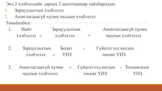 Энэ 2 хэлбэлзлийг дараах 2 шалтгаанаар тайлбарладаг.
1. Зарцуулалтын хэлбэлзэл
2. Ашиглагдаагүй хүчин чадлын хэлбэлзэл
Томьёолбол:
1. Нийт Зарцуулалтын Ашиглагдаагүй хүчин
хэлбэлзэл  хэлбэлзэл + чадлын хэлбэлзэл
2. Зарцуулалтын Бодит - Гүйцэтгэлд ногдох
хэлбэлзэл  ҮНЗ төсөвт ҮНЗ
3. Ашиглагдаагүй хүчин  Гүйцэтгэлд ногдох - Тооцоолсон
чадлын хэлбэлзэл төсөвт ҮНЗ ҮНЗ
 