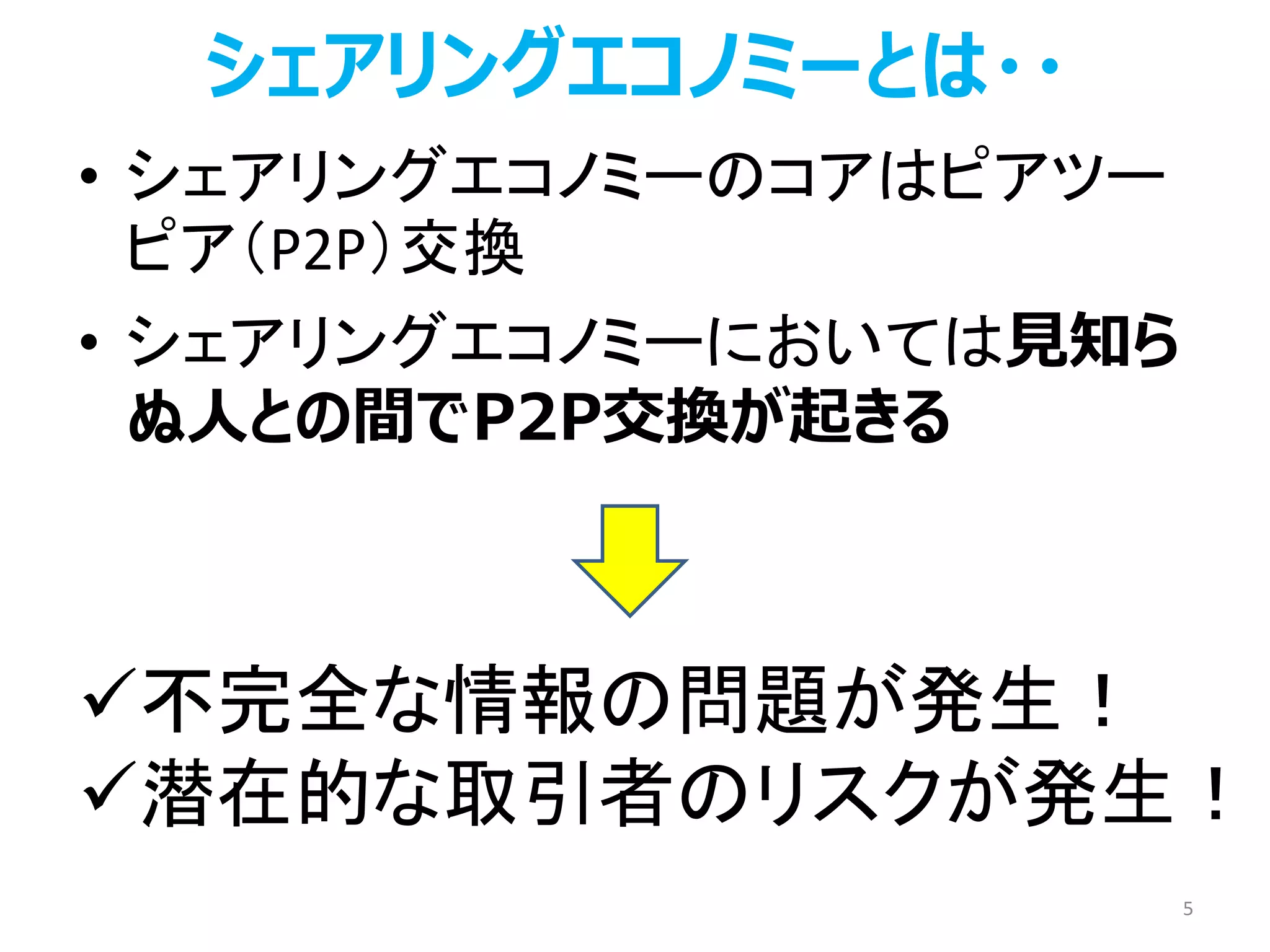シェアリングエコノミーとは・・
• シェアリングエコノミーのコアはピアツー
ピア（P2P）交換
• シェアリングエコノミーにおいては見知ら
ぬ人との間でP2P交換が起きる
5
不完全な情報の問題が発生！
潜在的な取引者のリスクが発生！
 