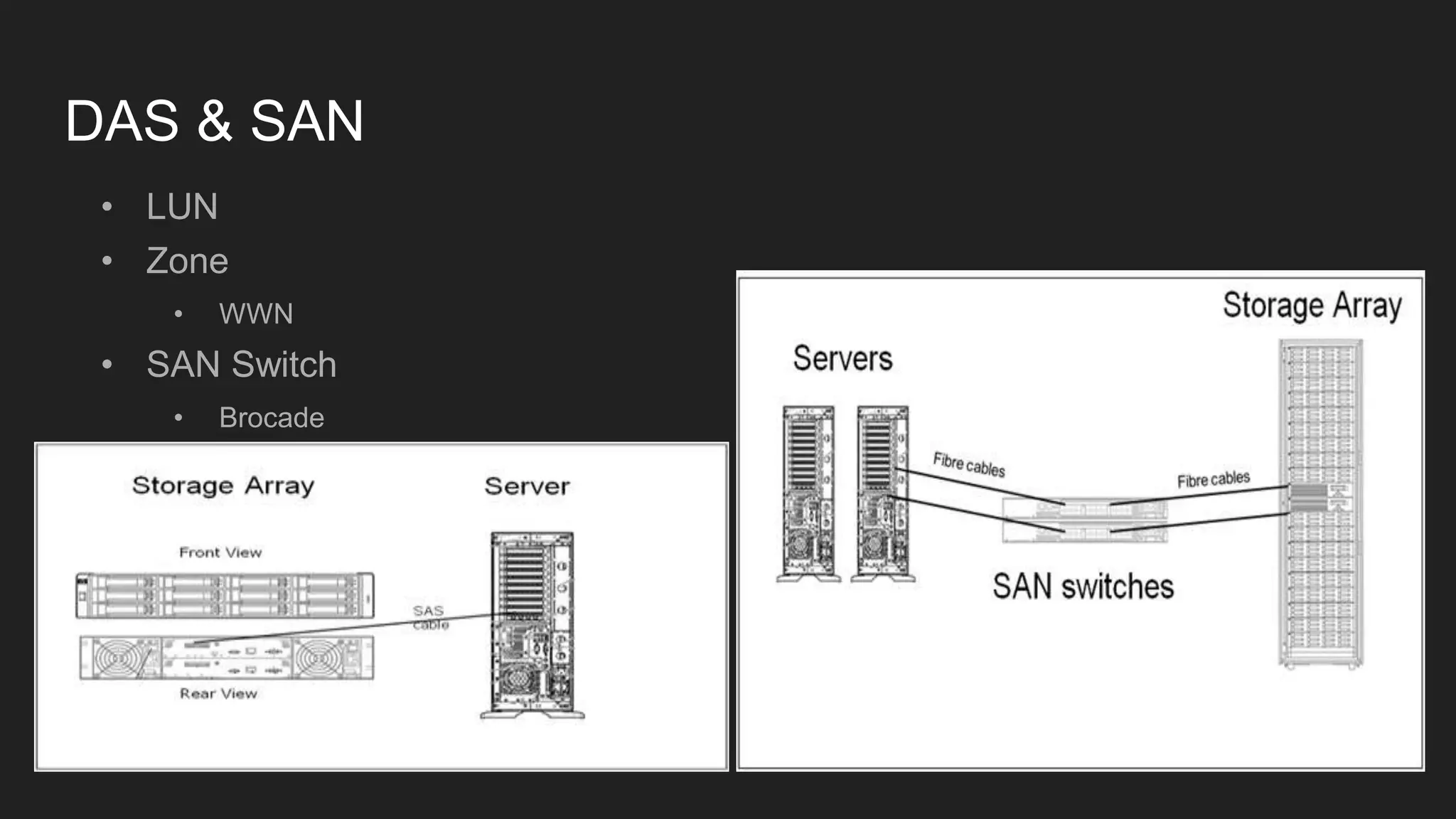 DAS & SAN
• LUN
• Zone
• WWN
• SAN Switch
• Brocade
 