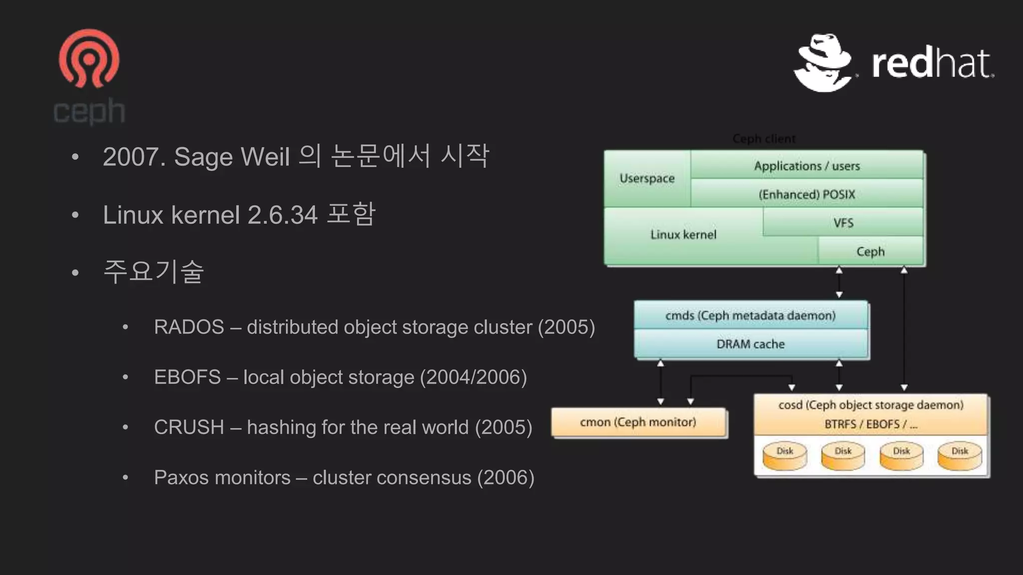 • 2007. Sage Weil 의 논문에서 시작
• Linux kernel 2.6.34 포함
• 주요기술
• RADOS – distributed object storage cluster (2005)
• EBOFS – local object storage (2004/2006)
• CRUSH – hashing for the real world (2005)
• Paxos monitors – cluster consensus (2006)
 