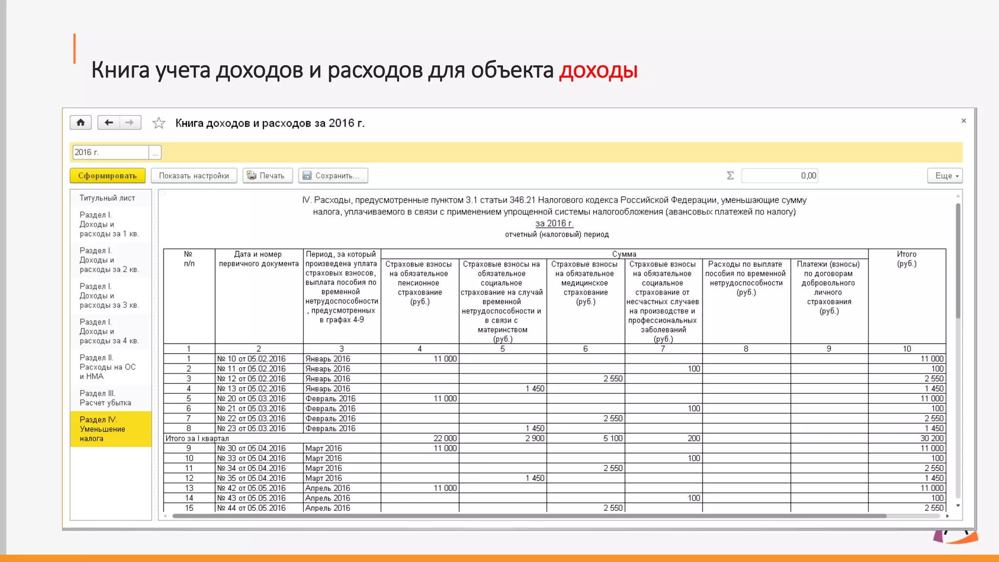 Книга учета доходов и расходов для объекта доходы
 