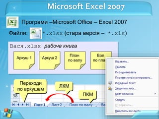 Програми –Microsoft Office – Excel 2007
Файли: *.xlsx (стара версія – *.xls)
Вася.xlsx рабоча книга
Аркуш 1 Аркуш 2
План
по валу
Вал
по плану
Переходи
по аркушам
ЛКМ
ПКМ новий аркуш
Microsoft Excel 2007
 