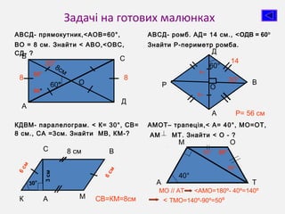 Задачі на готових малюнках
АВСД- прямокутник,<АОВ=60°,
ВО = 8 см. Знайти < АВО,<ОВС,
СД- ?
АВСД- ромб. АД= 14 см., <ОДВ = 60°
Знайти Р-периметр ромба.
КДВМ- паралелограм. < К= 30°, СВ=
8 см., СА =3см. Знайти МВ, КМ-?
АМОТ– трапеція,< А= 40°, МО=ОТ,
АМ МТ. Знайти < О - ?
60°
А
В С
Д
О
К А М
С В8 см
6см
30°
3см
Р О В
А
Д
60°
А
М О
Т
40°
60°
30°
60°
30°
77
14
6см
СВ=КМ=8см
МО // АТ <АМО=180º- 40º=140º
< ТМО=140º-90º=50º
50°
50°
80°
Р= 56 см
88
8см
 
