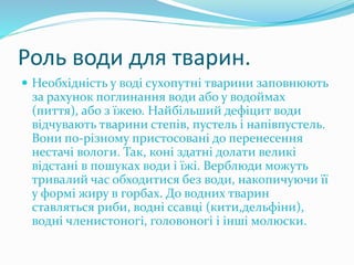 Роль води для тварин.
 Необхідність у воді сухопутні тварини заповнюють
за рахунок поглинання води або у водоймах
(пиття), або з їжею. Найбільший дефіцит води
відчувають тварини степів, пустель і напівпустель.
Вони по-різному пристосовані до перенесення
нестачі вологи. Так, коні здатні долати великі
відстані в пошуках води і їжі. Верблюди можуть
тривалий час обходитися без води, накопичуючи її
у формі жиру в горбах. До водних тварин
ставляться риби, водні ссавці (кити,дельфіни),
водні членистоногі, головоногі і інші молюски.
 
