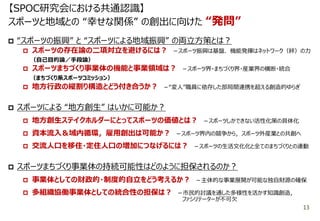 今後のスポーツ振興の方向性－今，問われていること
 “スポーツの振興” と “スポーツによる地域振興” の両立方策とは？
 スポーツの存在論の二項対立を避けるには？ －スポーツ振興は基盤．機能発揮はネットワーク（絆）の力
（自己目的論／手段論）
 スポーツまちづくり事業体の機能と事業領域は？ －スポーツ界・まちづくり界・産業界の横断・統合
（まちづくり系スポーツコミッション）
 地方行政の縦割り構造とどう付き合うか？ －“変人”職員に依存した部局間連携を超える創造的ゆらぎ
 スポーツによる “地方創生” はいかに可能か？
 地方創生ステイクホルダーにとってスポーツの価値とは？ －スポーツしかできない活性化策の具体化
 資本流入＆域内循環，雇用創出は可能か？ －スポーツ界内の競争から，スポーツ外産業との共創へ
 交流人口を移住・定住人口の増加につなげるには？ －スポーツの生活文化化と全てのまちづくりとの連動
 スポーツまちづくり事業体の持続可能性はどのように担保されるのか？
 事業体としての財政的・制度的自立をどう考えるか？ －主体的な事業展開が可能な独自財源の確保
 多組織協働事業体としての統合性の担保は？ －市民的討議を通した多様性を活かす知識創造，
ファシリテーターが不可欠
【SPOC研究会における共通認識】
スポーツと地域との “幸せな関係” の創出に向けた “発問”
13
 