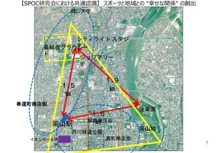 １.６
㎞
１.５
㎞
奉還町商店街
西川緑道公園
表町商店街
駅前商店街
シティライト スタジ
アム
ジップアリー
ナ
県総合グラウン
ド
１.９
㎞
イオンモール岡
山
後楽園
岡山城
【SPOC研究会における共通認識】 スポーツと地域との “幸せな関係” の創出
岡山駅
岡山大学
7
 