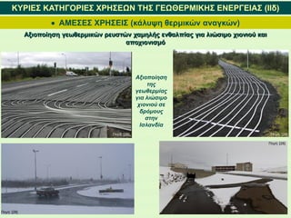  ΑΜΕΣΕΣ ΧΡΗΣΕΙΣ (κάλυψη θερμικών αναγκών)
ΚΥΡΙΕΣ ΚΑΤΗΓΟΡΙΕΣ ΧΡΗΣΕΩΝ ΤΗΣ ΓΕΩΘΕΡΜΙΚΗΣ ΕΝΕΡΓΕΙΑΣ (IΙδ)
Αξιοποίηση γεωθερμικών ρευστών χαμηλής ενθαλπίας για λιώσιμο χιονιού και
αποχιονισμό
Αξιοποίηση
της
γεωθερμίας
για λιώσιμο
χιονιού σε
δρόμους
στην
Ισλανδία
Πηγή: [28] Πηγή: [28]
Πηγή: [28]
Πηγή: [28]
 