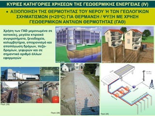 ΚΥΡΙΕΣ ΚΑΤΗΓΟΡΙΕΣ ΧΡΗΣΕΩΝ ΤΗΣ ΓΕΩΘΕΡΜΙΚΗΣ ΕΝΕΡΓΕΙΑΣ (IV)
 ΑΞΙΟΠΟΙΗΣΗ ΤΗΣ ΘΕΡΜΟΤΗΤΑΣ ΤΟΥ ΝΕΡΟΥ Ή ΤΩΝ ΓΕΩΛΟΓΙΚΩΝ
ΣΧΗΜΑΤΙΣΜΩΝ (t<25οC) ΓΙΑ ΘΕΡΜΑΝΣΗ / ΨΥΞΗ ΜΕ ΧΡΗΣΗ
ΓΕΩΘΕΡΜΙΚΩΝ ΑΝΤΛΙΩΝ ΘΕΡΜΟΤΗΤΑΣ (ΓΑΘ)
Χρήση των ΓΑΘ μεμονωμένα σε
κατοικίες, μεγάλα κτιριακά
συγκροτήματα, ξενοδοχεία,
κολυμβητήρια, αποχιονισμό και
αποπάγωση δρόμων, πεζο-
δρομίων, γεφυρών και σε
σημαντικό αριθμό άλλων
εφαρμογών
Πηγή: [33] Πηγή: [34]
Πηγή: [35]
Πηγή: [36]
Πηγή: [25]
 