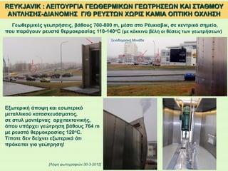 REYKJAVIK : ΛΕΙΤΟΥΡΓΙΑ ΓΕΩΘΕΡΜΙΚΩΝ ΓΕΩΤΡΗΣΕΩΝ ΚΑΙ ΣΤΑΘΜΟΥ
ΑΝΤΛΗΣΗΣ-ΔΙΑΝΟΜΗΣ Γ/Θ ΡΕΥΣΤΩΝ ΧΩΡΙΣ ΚΑΜΙΑ ΟΠΤΙΚΗ ΟΧΛΗΣΗ
Γεωθερμικές γεωτρήσεις, βάθους 700-800 m, μέσα στο Ρέυκιαβικ, σε κεντρικό σημείο,
που παράγουν ρευστά θερμοκρασίας 110-140oC (με κόκκινα βέλη οι θέσεις των γεωτρήσεων)
Εξωτερική άποψη και εσωτερικό
μεταλλικού κατασκευάσματος,
σε στυλ μοντέρνας αρχιτεκτονικής,
όπου υπάρχει γεώτρηση βάθους 764 m
με ρευστά θερμοκρασίας 120oC.
Τίποτε δεν δείχνει εξωτερικά ότι
πρόκειται για γεώτρηση!
[Λήψη φωτογραφιών:30-3-2012]
Ξενοδοχειακή Μονάδα
 