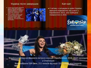 Українська співачка Джамала виграла конкурс Євробачення 2016, який проходив
у Стокгольмі.
Вона набрала 534 бали, 211 голосів від журі і 323 голоси від глядачів.
 