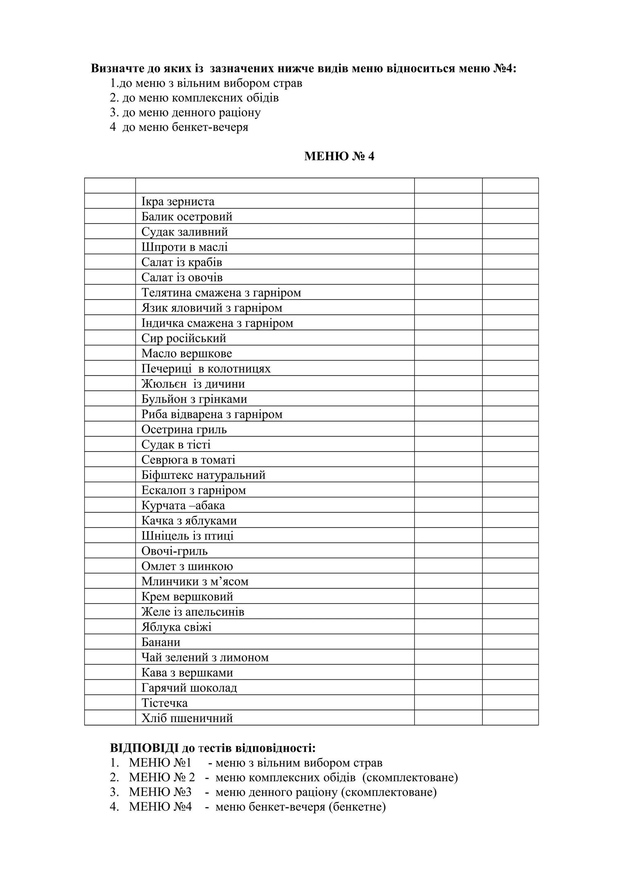 Визначте до яких із зазначених нижче видів меню відноситься меню №4:
1.до меню з вільним вибором страв
2. до меню комплексних обідів
3. до меню денного раціону
4 до меню бенкет-вечеря
МЕНЮ № 4
Ікра зерниста
Балик осетровий
Судак заливний
Шпроти в маслі
Салат із крабів
Салат із овочів
Телятина смажена з гарніром
Язик яловичий з гарніром
Індичка смажена з гарніром
Сир російський
Масло вершкове
Печериці в колотницях
Жюльєн із дичини
Бульйон з грінками
Риба відварена з гарніром
Осетрина гриль
Судак в тісті
Севрюга в томаті
Біфштекс натуральний
Ескалоп з гарніром
Курчата –абака
Качка з яблуками
Шніцель із птиці
Овочі-гриль
Омлет з шинкою
Млинчики з м’ясом
Крем вершковий
Желе із апельсинів
Яблука свіжі
Банани
Чай зелений з лимоном
Кава з вершками
Гарячий шоколад
Тістечка
Хліб пшеничний
ВІДПОВІДІ до тестів відповідності:
1. МЕНЮ №1 - меню з вільним вибором страв
2. МЕНЮ № 2 - меню комплексних обідів (скомплектоване)
3. МЕНЮ №3 - меню денного раціону (скомплектоване)
4. МЕНЮ №4 - меню бенкет-вечеря (бенкетне)
 
