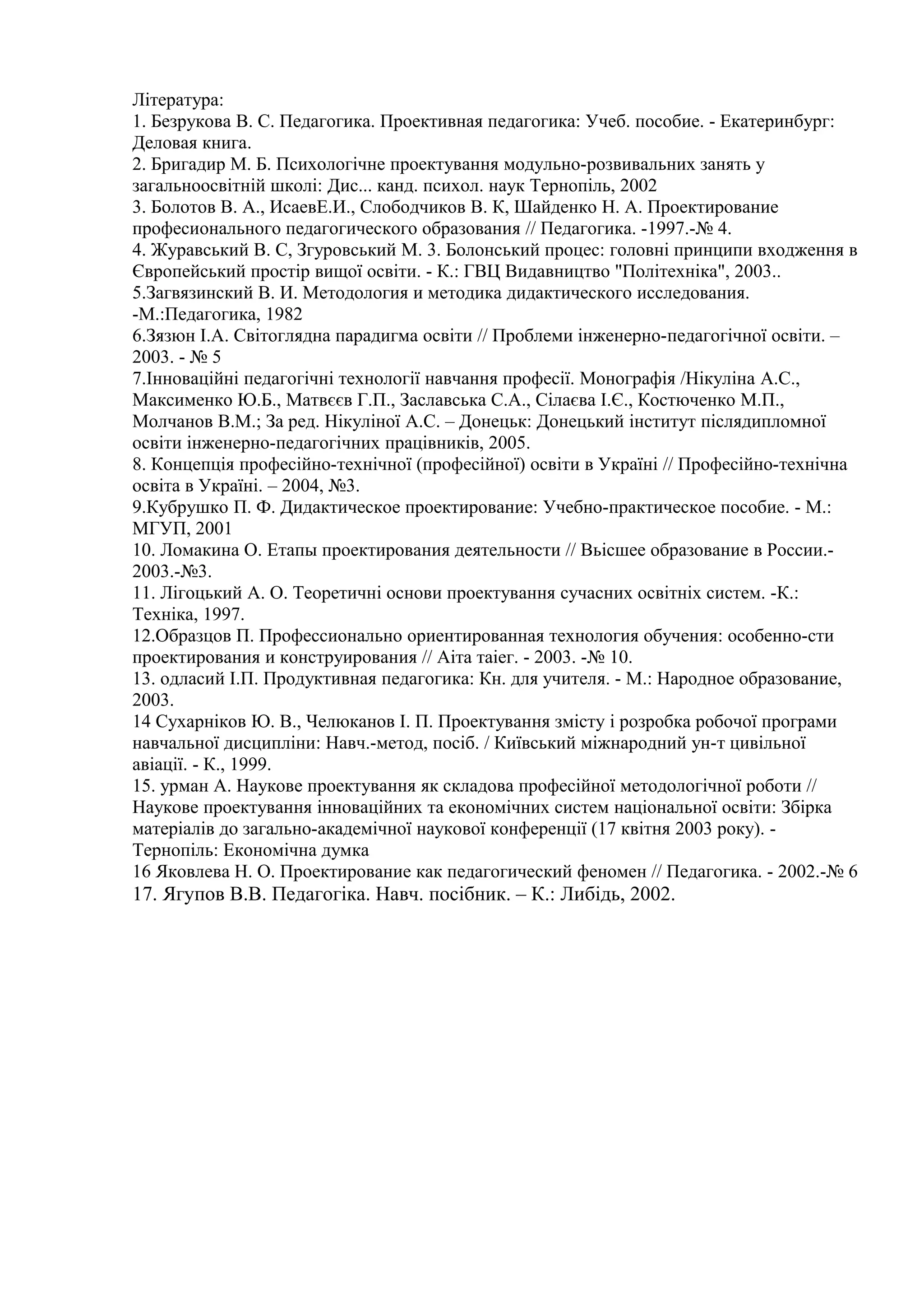 Література:
1. Безрукова В. С. Педагогика. Проективная педагогика: Учеб. пособие. - Екатеринбург:
Деловая книга.
2. Бригадир М. Б. Психологічне проектування модульно-розвивальних занять у
загальноосвітній школі: Дис... канд. психол. наук Тернопіль, 2002
3. Болотов В. А., ИсаевЕ.И., Слободчиков В. К, Шайденко Н. А. Проектирование
професионального педагогического образования // Педагогика. -1997.-№ 4.
4. Журавський В. С, Згуровський М. 3. Болонський процес: головні принципи входження в
Європейський простір вищої освіти. - К.: ГВЦ Видавництво "Політехніка", 2003..
5.Загвязинский В. И. Методология и методика дидактического исследования.
-М.:Педагогика, 1982
6.Зязюн І.А. Світоглядна парадигма освіти // Проблеми інженерно-педагогічної освіти. –
2003. - № 5
7.Інноваційні педагогічні технології навчання професії. Монографія /Нікуліна А.С.,
Максименко Ю.Б., Матвєєв Г.П., Заславська С.А., Сілаєва І.Є., Костюченко М.П.,
Молчанов В.М.; За ред. Нікуліної А.С. – Донецьк: Донецький інститут післядипломної
освіти інженерно-педагогічних працівників, 2005.
8. Концепція професійно-технічної (професійної) освіти в Україні // Професійно-технічна
освіта в Україні. – 2004, №3.
9.Кубрушко П. Ф. Дидактическое проектирование: Учебно-практическое пособие. - М.:
МГУП, 2001
10. Ломакина О. Етапы проектирования деятельности // Вьісшее образование в России.-
2003.-№3.
11. Лігоцький А. О. Теоретичні основи проектування сучасних освітніх систем. -К.:
Техніка, 1997.
12.Образцов П. Профессионально ориентированная технология обучения: особенно-сти
проектирования и конструирования // Аіта таіег. - 2003. -№ 10.
13. одласий І.П. Продуктивная педагогика: Кн. для учителя. - М.: Народное образование,
2003.
14 Сухарніков Ю. В., Челюканов І. П. Проектування змісту і розробка робочої програми
навчальної дисципліни: Навч.-метод, посіб. / Київський міжнародний ун-т цивільної
авіації. - К., 1999.
15. урман А. Наукове проектування як складова професійної методологічної роботи //
Наукове проектування інноваційних та економічних систем національної освіти: Збірка
матеріалів до загально-академічної наукової конференції (17 квітня 2003 року). -
Тернопіль: Економічна думка
16 Яковлева Н. О. Проектирование как педагогический феномен // Педагогика. - 2002.-№ 6
17. Ягупов В.В. Педагогіка. Навч. посібник. – К.: Либідь, 2002.
 
