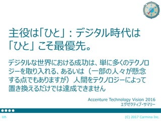 主役は「ひと」：デジタル時代は
「ひと」 こそ最優先。
(C) 2017 Carmina Inc.105
デジタルな世界における成功は、単に多くのテクノロ
ジーを取り入れる、あるいは（一部の人々が懸念
する点でもありますが）人間をテクノロジーによって
置き換えるだけでは達成できません
Accenture Technology Vision 2016
エグゼクティブ・サマリー
 