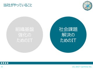 当社がやっていること
(C) 2017 Carmina Inc.12
組織基盤
強化の
ためのIT
社会課題
解決の
ためのIT
 