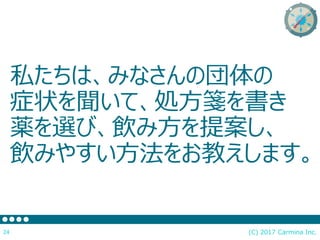 私たちは、みなさんの団体の
症状を聞いて、処方箋を書き
薬を選び、飲み方を提案し、
飲みやすい方法をお教えします。
(C) 2017 Carmina Inc.24
 