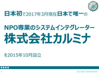 (C) 2017 Carmina Inc.5
日本初で2017年3月現在日本で唯一の
NPO専業のシステムインテグレーター
株式会社カルミナ
を2015年10月設立
 