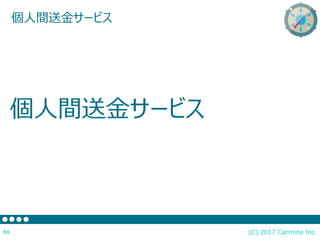 個人間送金サービス
(C) 2017 Carmina Inc.84
個人間送金サービス
 