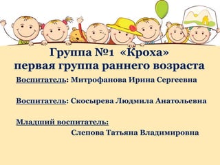Группа №1 «Кроха»
первая группа раннего возраста
Воспитатель: Митрофанова Ирина Сергеевна
Воспитатель: Скосырева Людмила Анатольевна
Младший воспитатель:
Слепова Татьяна Владимировна
 