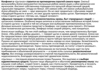 Конфликт в «Цыганах» строится на противоречии страстей самого героя. Смелый
вольнолюбец Алеко оказывается послушным рабом своего мира и одно временно его
мучеником. Инстинкт собственника порожден его прошлой общественной средой,
«душными городами», откуда он бежал. От самого себя, от своего индивидуализма
Алеко убежать не смог — круг замкнулся. Он не смог сродниться с обычаями людей
«бродящей бедности и воли», не смог душою принять нравы цыган. Приговором звучат
слова старого цыгана: «Оставь нас, гордый человек!»
«Душным городам» в поэме противопоставлены нравы, быт «природных» людей —
цыганского племени. Особенно видна антитеза в сопоставлении любовных историй Алеко
и старого цыгана: в одной и той же ситуации они выбирают противоположные пути.
Дочерью вольного племени предстает и Земфира: «ее сердце воли просит». Отстаивая
свое человеческое достоинство, Земфира готова скорей умереть, чем покориться.
Алеко искал свободы. Но лик этой свободы оказался иным, чем представлялось бунтарю
Алеко. «Мы робки и добры душою», — говорит цыган о нравах дикого племени. Алеко как
бы предчувствовал свое грядущее разочарование: еще в начале своей «цыганской жизни»
он глядел уныло на «опустелую равнину и грусти тайную причину истолковать не смел».
Пушкин не идеализирует «естественную» жизнь народа на лоне природы. Безмятежность
цыган призрачна, их благополучие — иллюзия: и в их мире есть страдание и нищета,
неразрешимые противоречия. Герои полны противоречий, их гнетут «страсти роковые».
В обрисовке характеров героев, в обосновании их поступков Пушкин идет по пути
приближения к объективной реальности — в поэме есть сильные реалистические
черты. Все эпизоды разворачиваются в строгой последовательности, без романтической
недосказанности, благодаря чему нарастает драматизм поэмы.
«Цыганы» — последняя романтическая поэма Пушкина. Это ощутимо и в выборе
художественных средств. Пушкин чаще обращается к обычному разговорному языку: мы
слышим «лай собак», «скрип телег», видим, как «толпа валит». Конкретность и точность
достигается в эпитетах: «пустынное» поле; «черноокая» Земфира; «знойное» лето;
«разноцветные» ковры; «шумные» пиры; «тяжко» пляшущий медведь.
 