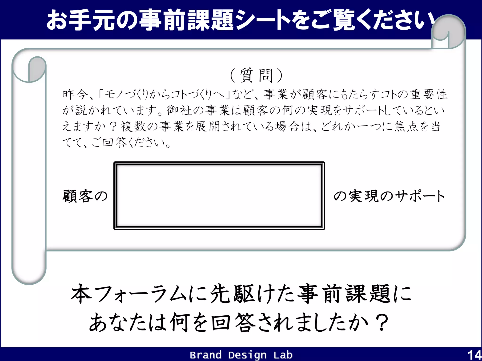 Brand Design Lab
お手元の事前課題シートをご覧ください
14
（質問）
昨今、「モノづくりからコトづくりへ」など、事業が顧客にもたらすコトの重要性
が説かれています。御社の事業は顧客の何の実現をサポートしているとい
えますか？複数の事業を展開されている場合は、どれか一つに焦点を当
てて、ご回答ください。
顧客の の実現のサポート
本フォーラムに先駆けた事前課題に
あなたは何を回答されましたか？
 