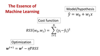 Model/hypothesis
Cost function
Optimization
�𝑦𝑦 = 𝑤𝑤0 + 𝑤𝑤1 𝑥𝑥
𝑅𝑅𝑅𝑅𝑅𝑅 𝑤𝑤0, 𝑤𝑤1 = �
𝑖𝑖=1
𝑁𝑁
(𝑦𝑦𝑖𝑖−�𝑦𝑦𝑖𝑖)2
𝒘𝒘𝑡𝑡+1
= 𝒘𝒘𝑡𝑡
− 𝜂𝜂𝜂𝜂𝜂𝜂𝜂𝜂𝜂𝜂
The Essence of
Machine Learning
 