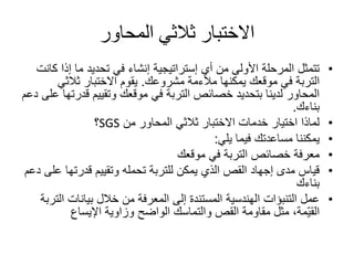‫المحاور‬ ‫ثالثي‬ ‫االختبار‬
•‫إذ‬ ‫ما‬ ‫تحديد‬ ‫في‬ ‫إنشاء‬ ‫إستراتيجية‬ ‫أي‬ ‫من‬ ‫األولى‬ ‫المرحلة‬ ‫تتمثل‬‫كانت‬ ‫ا‬
‫يمكنها‬ ‫موقعك‬ ‫في‬ ‫التربة‬‫مالءمة‬‫مشروعك‬.‫ثالثي‬ ‫االختبار‬ ‫يقوم‬
‫قدر‬ ‫وتقييم‬ ‫موقعك‬ ‫في‬ ‫التربة‬ ‫خصائص‬ ‫بتحديد‬ ‫لدينا‬ ‫المحاور‬‫دعم‬ ‫على‬ ‫تها‬
‫بناءك‬.
•‫من‬ ‫المحاور‬ ‫ثالثي‬ ‫االختبار‬ ‫خدمات‬ ‫اختيار‬ ‫لماذا‬SGS‫؟‬
•‫فيما‬ ‫مساعدتك‬ ‫يمكننا‬‫يلي‬:
•‫موقعك‬ ‫في‬ ‫التربة‬ ‫خصائص‬ ‫معرفة‬
•‫قدرتها‬ ‫وتقييم‬ ‫تحمله‬ ‫للتربة‬ ‫يمكن‬ ‫الذي‬ ‫القص‬ ‫إجهاد‬ ‫مدى‬ ‫قياس‬‫دعم‬ ‫على‬
‫بناءك‬
•‫ا‬ ‫بيانات‬ ‫خالل‬ ‫من‬ ‫المعرفة‬ ‫إلى‬ ‫المستندة‬ ‫الهندسية‬ ‫التنبؤات‬ ‫عمل‬‫لتربة‬
‫وزاوية‬ ‫الواضح‬ ‫والتماسك‬ ‫القص‬ ‫مقاومة‬ ‫مثل‬ ،‫ّمة‬‫ي‬‫الق‬‫اإليساع‬
 