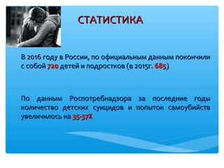 СТАТИСТИКАСТАТИСТИКА
В 2016 году в России, по официальным данным покончилиВ 2016 году в России, по официальным данным покончили
с собойс собой 720720 детей и подростков (в 2015г.детей и подростков (в 2015г. 685685))
По данным Роспотребнадзора за последние годыПо данным Роспотребнадзора за последние годы
количество детских суицидов и попыток самоубийствколичество детских суицидов и попыток самоубийств
увеличилось наувеличилось на 35-37%35-37%
 