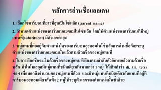 หลักการอ่านชื่อแอลเคน
1. เลือกโซ่คาร์บอนที่ยาวที่สุดเป็นโซ่หลัก (parent name)
2. กาหนดตาแหน่งของคาร์บอนอะตอมในโซ่หลัก โดยให้ตาแหน่งของคาร์บอนที่มีหมู่
แทนที่(substituent) มีตัวเลขต่าสุด
3. หมู่แทนที่ต่ออยู่กับตาแหน่งใดของคาร์บอนอะตอมในโซ่หลักการอ่านชื่อก็จะระบุ
ตาแหน่งของคาร์บอนอะตอมนั้นแล้วตามด้วยชื่อของหมู่แทนที่
4. ในการเรียกชื่อจะเริ่มด้วยชื่อของหมู่แทนที่เรียงตามลาดับตัวอักษรแล้วตามด้วยชื่อ
หลัก ถ้าในโมเลกุลมีหมู่แทนที่ชนิดเดียวกันมากกว่า 1 หมู่ ให้เติมคาว่า di, tri, tetra
ฯลฯ เพื่อบอกถึงจานวนของหมู่แทนที่ด้วย และถ้าหมู่แทนที่ชนิดเดียวกันแทนที่อยู่ที่
คาร์บอนอะตอมเดียวกันทั้ง 2 หมู่ให้ระบุตัวเลขของตาแหน่งนั้นซ้าด้วย
 