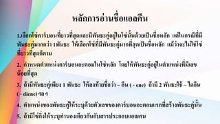 หลักการอ่านชื่อแอลคีน
1.เลือกโซ่คาร์บอนที่ยาวที่สุดและมีพันธะคู่อยู่ในโซ่นั้นด้วยเป็นชื่อหลัก แต่ในกรณีที่มี
พันธะคู่มากกว่า 1พันธะ ให้เลือกโซ่ที่มีพันธะคู่มากที่สุดเป็นชื่อหลัก แม้ว่าจะไม่ใช่โซ่
ที่ยาวที่สุดก็ตาม
2. กาหนดตาแหน่งคาร์บอนอะตอมในโซ่หลัก โดยให้พันธะคู่อยู่ในตาแหน่งที่มีเลข
น้อยที่สุด
3. ถ้ามีพันธะคู่เพียง 1 พันธะ ให้ลงท้ายชื่อว่า – อีน ( - ene) ถ้ามี 2 พันธะใช้ – ไดอีน
( - diene)ฯลฯ
4. ตาแหน่งของพันธะคู่ให้ระบุด้วยตัวเลขของคาร์บอนอะตอมแรกที่สร้างพันธะคู่นั้น
5. ถ้ามีโซ่กิ่งให้ระบุทานองเดียวกันกับสารประกอบแอลเคน
 
