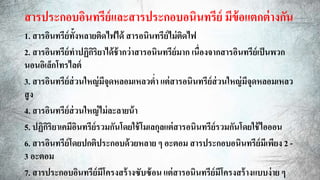 สารประกอบอินทรีย์และสารประกอบอนินทรีย์ มีข้อแตกต่างกัน
1. สารอินทรีย์ทั้งหลายติดไฟได้ สารอนินทรีย์ไม่ติดไฟ
2. สารอินทรีย์ทาปฏิกิริยาได้ช้ากว่าสารอนินทรีย์มาก เนื่องจากสารอินทรีย์เป็นพวก
นอนอิเล็กโทรไลต์
3. สารอินทรีย์ส่วนใหญ่มีจุดหลอมเหลวต่า แต่สารอนินทรีย์ส่วนใหญ่มีจุดหลอมเหลว
สูง
4. สารอินทรีย์ส่วนใหญ่ไม่ละลายน้า
5. ปฏิกิริยาเคมีอินทรีย์รวมกันโดยใช้โมเลกุลแต่สารอนินทรีย์รวมกันโดยใช้ไอออน
6. สารอินทรีย์โดยปกติประกอบด้วยหลาย ๆ อะตอม สารประกอบอนินทรีย์มีเพียง 2 -
3 อะตอม
7. สารประกอบอินทรีย์มีโครงสร้างซับซ้อน แต่สารอนินทรีย์มีโครงสร้างแบบง่าย ๆ
 