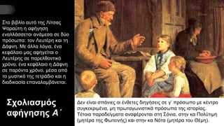 Σχολιασμός
αφήγησης Α΄
Στο βιβλίο αυτό της Λίτσας
Ψαραύτη η αφήγηση
εναλλάσσεται ανάμεσα σε δύο
πρόσωπα: τον Λευτέρη και τη
Δάφνη. Με άλλα λόγια, ένα
κεφάλαιο μας αφηγείται ο
Λευτέρης σε παρελθοντικό
χρόνο, ένα κεφάλαιο η Δάφνη
σε παρόντα χρόνο, μέσα από
το μυστικό της τετράδιο και η
διαδικασία επαναλαμβάνεται.
Δεν είναι σπάνιες οι ένθετες διηγήσεις σε γ’ πρόσωπο με κέντρο
συγκεκριμένα, μη πρωταγωνιστικά πρόσωπα της ιστορίας.
Τέτοια παραδείγματα αναφέρονται στη Σόνια, στην κα Πολύτιμη
(μητέρα της Φωτεινής) και στην κα Νότα (μητέρα του Θέμη).
 