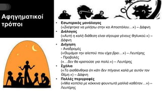 Αφηγηματικοί
τρόποι • Εσωτερικός μονόλογος
(«Σκέφτηκα να μιλήσω στην κα Αποστόλου…») – Δάφνη
• Διάλογος
(«Αυτή η καλή διάθεση είναι σίγουρα γένους θηλυκού.») –
Δάφνη
• Διήγηση
- Αναδρομές
(«Θυμάμαι την αλεπού που είχα βρει…») – Λευτέρης
- Προβολές
(«…δεν θα κρατούσε για πολύ.») – Λευτέρης
• Σχόλια
(«Το αισθάνθηκα ότι κάτι δεν πήγαινε καλά με αυτόν τον
Θέμη.») – Δάφνη
• Πολλές περιγραφές
(«Μια κοπέλα με κόκκινα φουντωτά μαλλιά καθόταν…») –
Λευτέρης
 