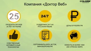 Компания «Доктор Веб»
ПРОДУКТЫ DR.WEB
25 ЛЕТ НА РЫНКЕ
ПОДДЕРЖКА 24/7 НА
РУССКОМ ЯЗЫКЕ
ЦЕНЫ В РУБЛЯХ РФ
СЕРТИФИКАТЫ ФСБ, ФСТЭК,
МИНОБОРОНЫ РФ
СОБСТВЕННЫЕ
АНТИВИРУСНЫЕ
ТЕХНОЛОГИИ
КЛИЕНТЫ В БОЛЕЕ ЧЕМ
200 СТРАНАХ МИРА
24/7
 