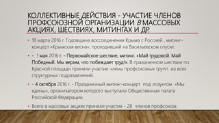 КОЛЛЕКТИВНЫЕ ДЕЙСТВИЯ - УЧАСТИЕ ЧЛЕНОВ
ПРОФСОЮЗНОЙ ОРГАНИЗАЦИИ В МАССОВЫХ
АКЦИЯХ, ШЕСТВИЯХ, МИТИНГАХ И ДР.
• 18 марта 2016 г. Годовщина воссоединения Крыма с Россией , митинг-
концерт «Крымская весна», проходивший на Васильевском спуске.
• - 1 мая 2016 г. - Первомайское шествие, митинг. «Май трудовой. Май
Победный. Мы верим, что побеждает труд!». В праздничном шествии по
Красной площади приняли участие члены профсоюзных групп из всех
структурных подразделений..
• - 4 октября 2016 г. - Праздничный митинг-концерт под лозунгом «Мы
едины», организатором которого выступала Общественная палата
Российской Федерации.
• Всего в массовых акциях приняли участие - 28 членов профсоюза.
 