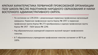 • По состоянию на 1.09.2016 г. реорганизация первичных профсоюзных организаций
завершена. Первичная профсоюзная группа Корпус № 1957 и первичная
профсоюзная группа Корпус № 273 преобразованы в единую профсоюзную группу
Корпус № 1957 ГБОУ Школа № 1246.
• Ряд образовательных учреждений сохранили высокий процент профсоюзного
членства.
• В 7 образовательных учреждениях профсоюзное членство составляет от 80 % до
100%.
КРАТКАЯ ХАРАКТЕРИСТИКА ПЕРВИЧНОЙ ПРОФСОЮЗНОЙ ОРГАНИЗАЦИИ
ГБОУ ШКОЛА №1246 РАБОТНИКОВ НАРОДНОГО ОБРАЗОВАНИЯ И НАУКИ
ВОСТОЧНОГО АДМИНИСТРАТИВНОГО ОКРУГА.
 