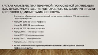 • В результате объединения количественный состав членов профсоюза ППО распределился
следующим образом:
• Корпус № 1246: 55 членов профсоюза
• Корпус № 1035: 31 член профсоюза
• Корпус № 605: 14 членов профсоюза
• Корпус 2669: 17 членов профсоюза
• Корпус 1957: 30 членов профсоюза
• Корпус 780: 21 член профсоюза
• Корпус 1332: 21 член профсоюза
• Во всех образовательных организациях ГБОУ Школа №1246 созданы и работают
профсоюзные группы.
КРАТКАЯ ХАРАКТЕРИСТИКА ПЕРВИЧНОЙ ПРОФСОЮЗНОЙ ОРГАНИЗАЦИИ
ГБОУ ШКОЛА №1246 РАБОТНИКОВ НАРОДНОГО ОБРАЗОВАНИЯ И НАУКИ
ВОСТОЧНОГО АДМИНИСТРАТИВНОГО ОКРУГА.
 