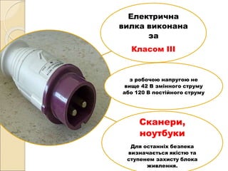 Електрична
вилка виконана
за
Класом III
з робочою напругою не
вище 42 В змінного струму
або 120 В постійного струму
Сканери,
ноутбуки
Для останніх безпека
визначається якістю та
ступенем захисту блока
живлення.
 