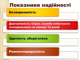 Показники надійності
Безвідмовність
Довговічність: Строк служби побутового
холодильника не менше 15 років
Здатність зберігатися
Ремонтопридатність
 
