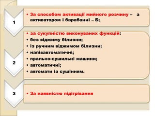 1
• За способом активації мийного розчину – з
активатором і барабанні – Б;
2
• за сукупністю виконуваних функцій:
• без віджиму білизни;
• із ручним віджимом білизни;
• напівавтоматичні;
• прально-сушильні машини;
• автоматичні;
• автомати із сушінням.
3 • За наявністю підігрівання
 