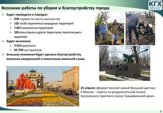 9
Весенние работы по уборке и благоустройству города
 Будет приведено в порядок:
 209 парков по месту жительства
 118 особоохраняемыхприродных территорий
 7567озелененныхтерриторий
 124зоныотдыхаидругиетерритории,прилегающиек
водоемам
 Будет высажено:
 3 014 деревьев
 92 599 кустарников
 Большое внимание будет уделено благоустройству
воинских захоронений и памятников воинской славы
25 апреля оформят виолой самый большой цветник
в Москве - «Цветы на разделительной полосе
Кутузовского проспекта около Триумфальной арки»
 