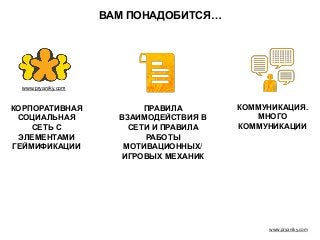 www.pryaniky.com
КОРПОРАТИВНАЯ
СОЦИАЛЬНАЯ
СЕТЬ С
ЭЛЕМЕНТАМИ
ГЕЙМИФИКАЦИИ
ПРАВИЛА
ВЗАИМОДЕЙСТВИЯ В
СЕТИ И ПРАВИЛА
РАБОТЫ
МОТИВАЦИОННЫХ/
ИГРОВЫХ МЕХАНИК
КОММУНИКАЦИЯ.
МНОГО
КОММУНИКАЦИИ
www.pryaniky.com
ВАМ ПОНАДОБИТСЯ…
 