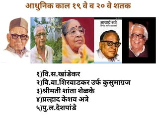 आधुनक काल १९ वेव २० वेशतक
१) व.स.खांडेकर
२) व.वा. शरवाडकर उफ कुसुमा ज
३) ीमती शांता शेळके
४) हाद केशव अ े
५)पु.ल.देशपांडे
 